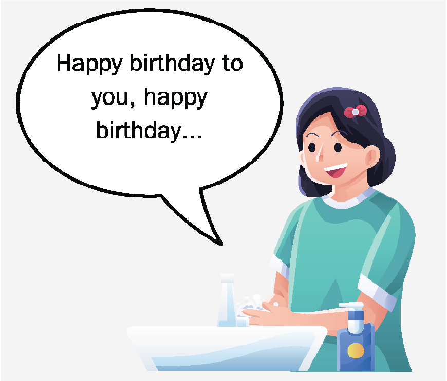 A girl washing her hands in the sink and singing Happy Birthday.