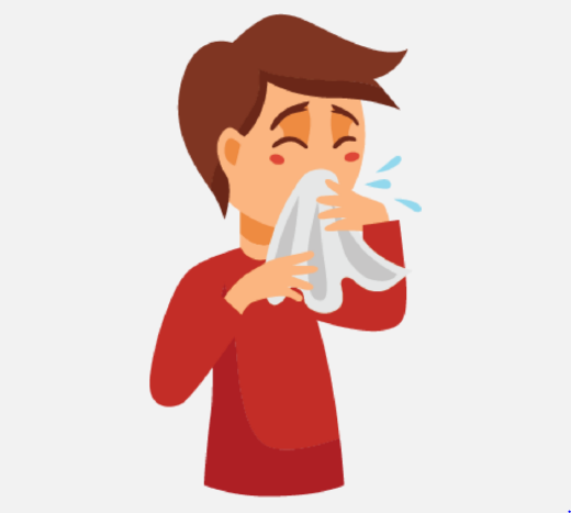 A boy coughing into a tissue.