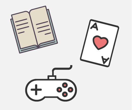 A book, a playing card, and a game controller.