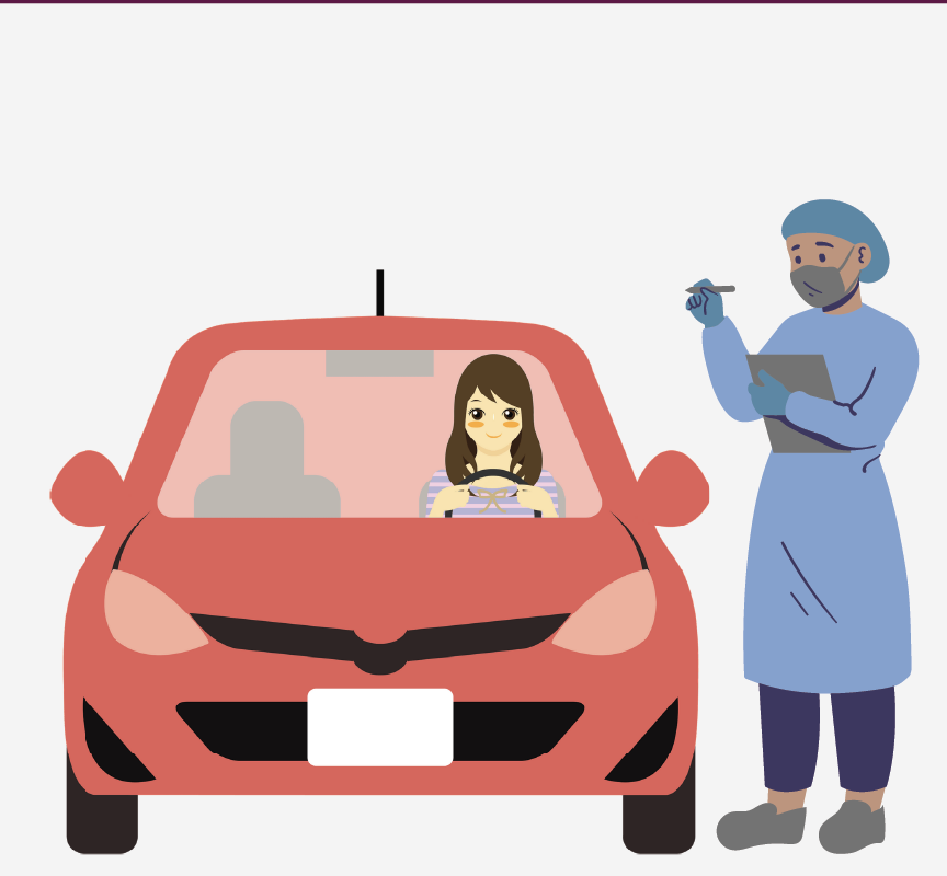 A woman in a car with a healthcare worker standing outside of it.