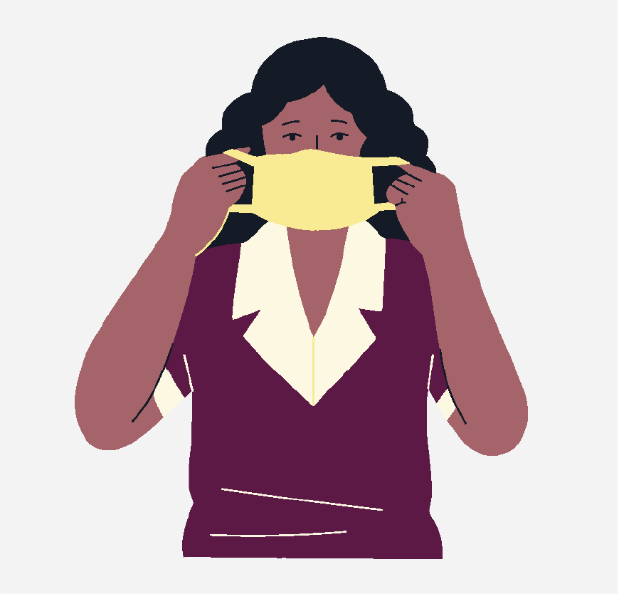 A woman putting on a face mask.