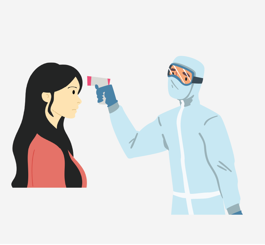 A healthcare worker taking a woman's temperature.
