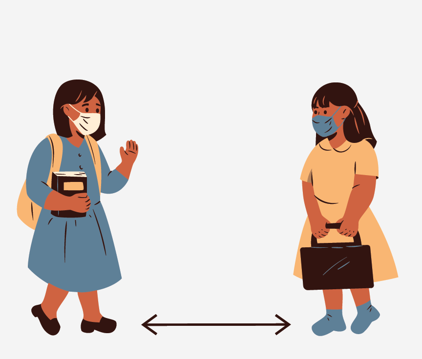 Two woman wearing masks standing 6 feet apart.