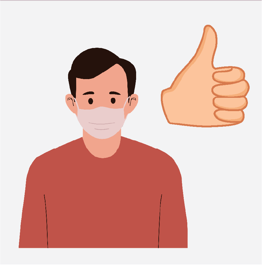 A man in a red shirt next to a thumbs-up.