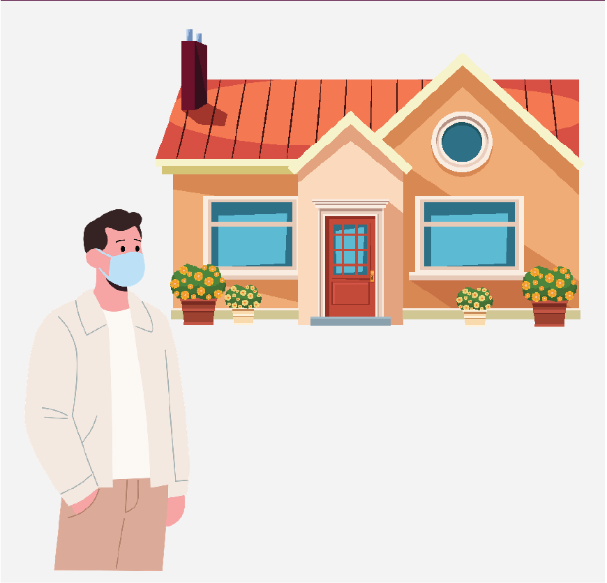 A man wearing a mask standing outside a house.