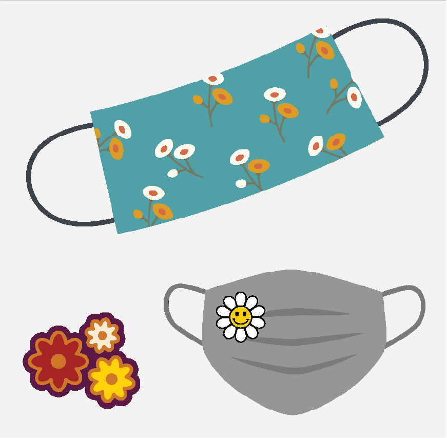 Two different face masks with flower decorations.
