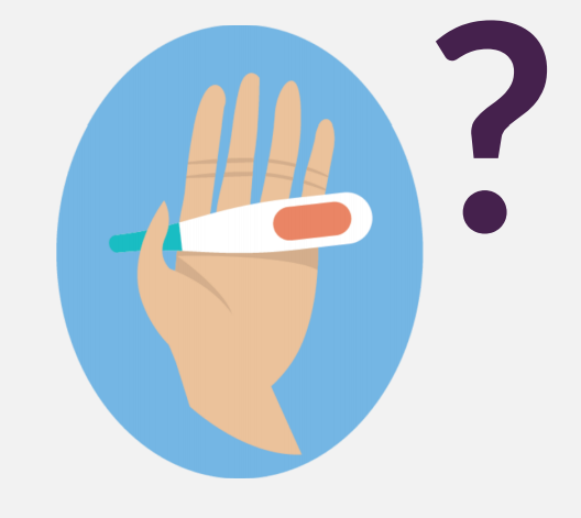 A hand holding a thermometer next to a purple question mark.