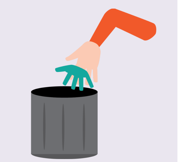 A hand tossing a used glove in a trash can.