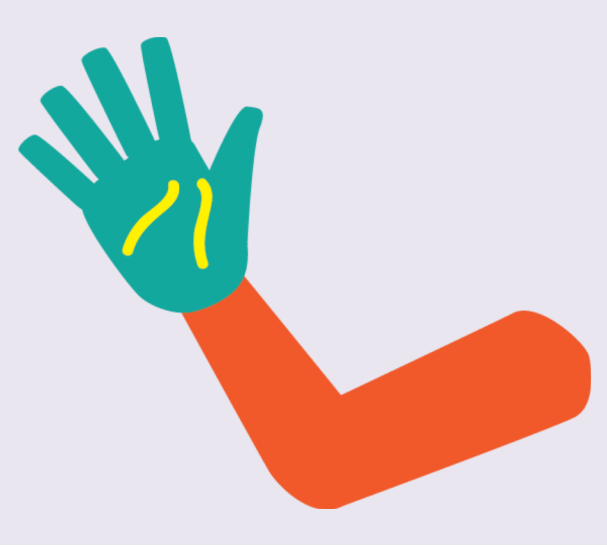 A hand wearing a glove with two yellow lines on the palm.