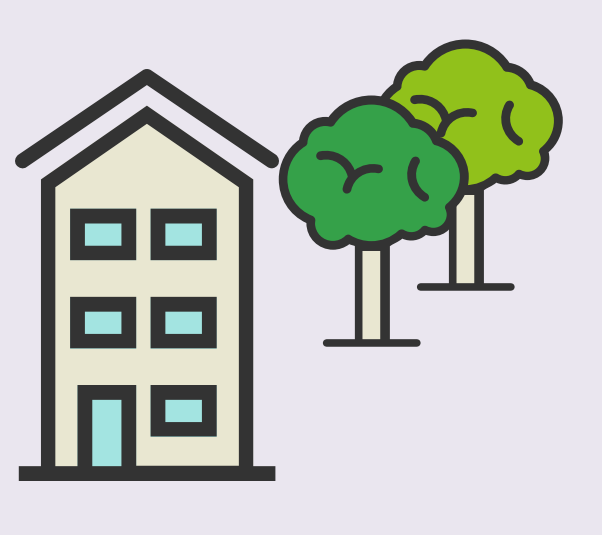 A cartoon rendering of a house and two trees.