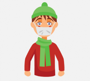A boy wearing a green hat, green scarf, and a mask over his nose and mouth is shown.