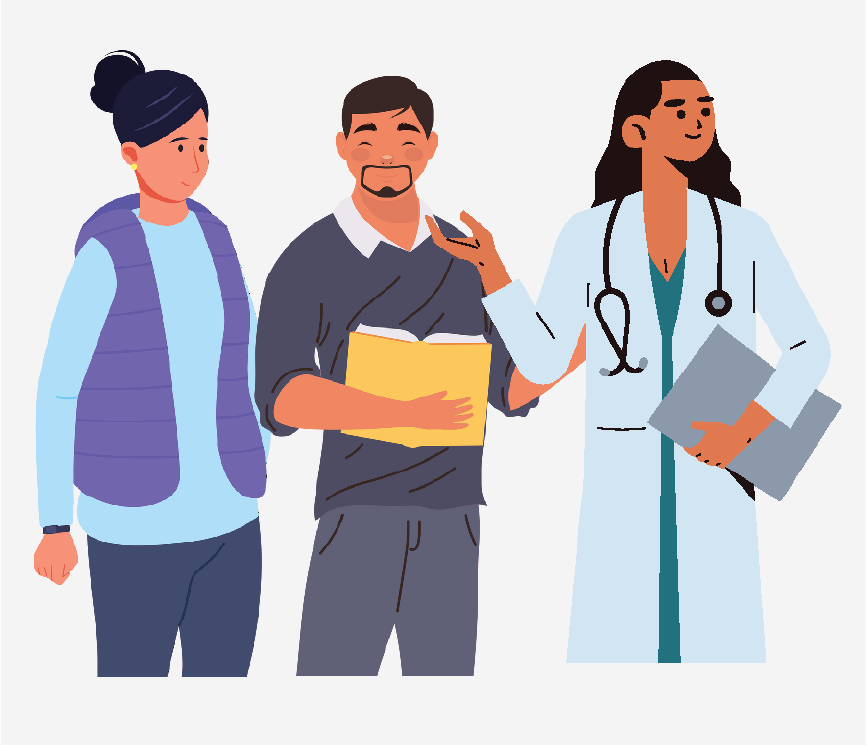 A parent, a teach, and a doctor standing together.