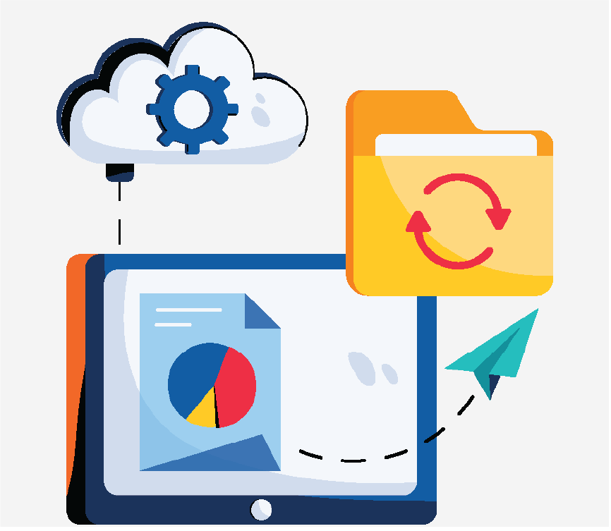 A cloud icon with a gear inside it, a tablet displaying a pie chart, a folder with a refresh icon, and a paper airplane represent data and cloud storage.