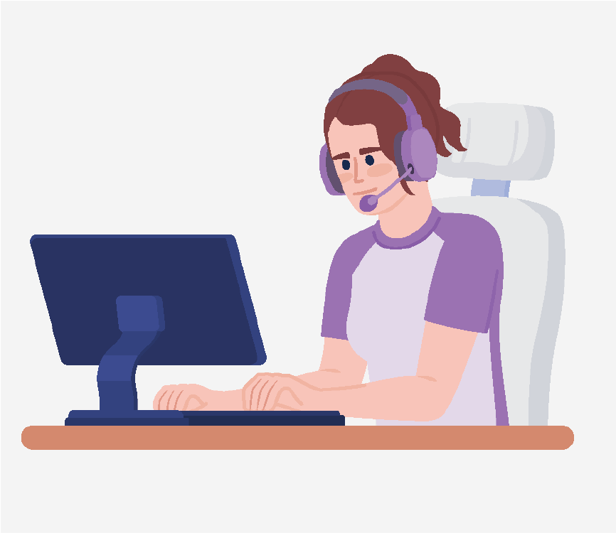 A girl typing on a computer and wearing a purple headset.