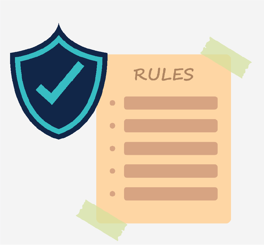 A blue shield with a checkmark inside next to a list of rules.