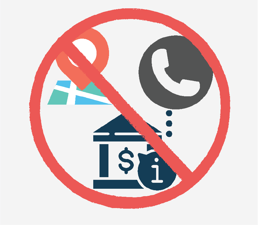 A map marker, a phone icon, and a bank building covered by a red circle with a line through it.