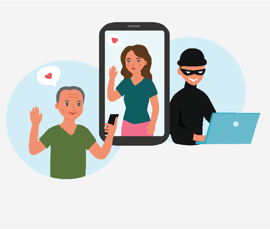 A man looking at a picture of a woman on his phone with a heart above him. There is a scammer, dressed in all black, looking at a laptop to represent online catfishing.