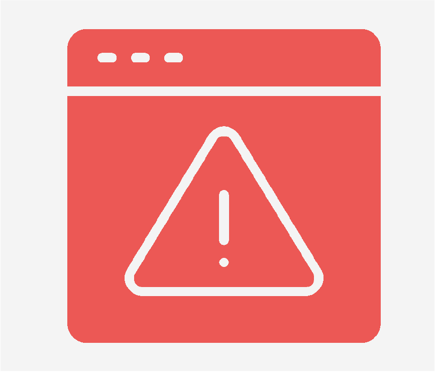 A red square with a white outline of a browser window at the top, and a white triangle with a white exclamation mark inside it, indicating a warning or error.