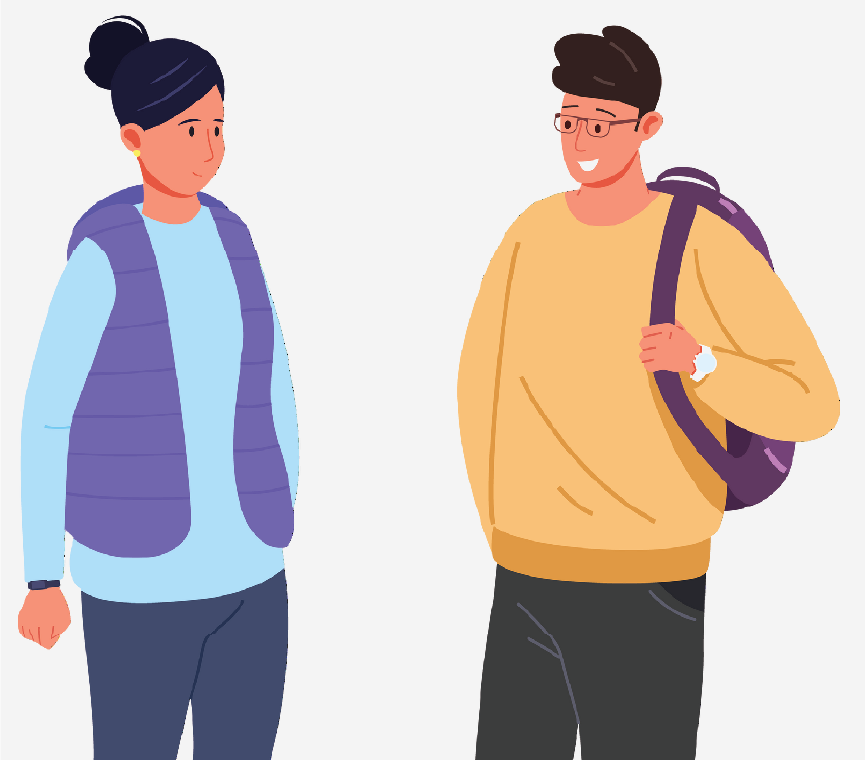 A man and woman standing together. The man is wearing a backpack on one shoulder.