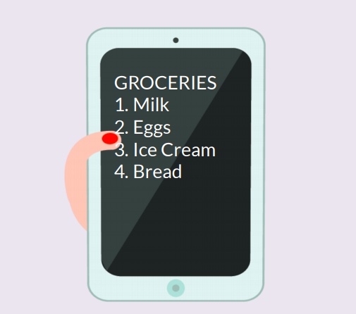 A tablet with a grocery list on the screen.