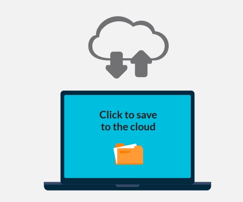 A cloud with two opposing arrows above a computer showing the words 