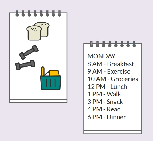 A piece of paper with pictures next to a piece of paper with a written schedule.