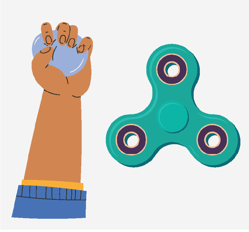 A hand squeezing a stress ball and a fidget spinner.