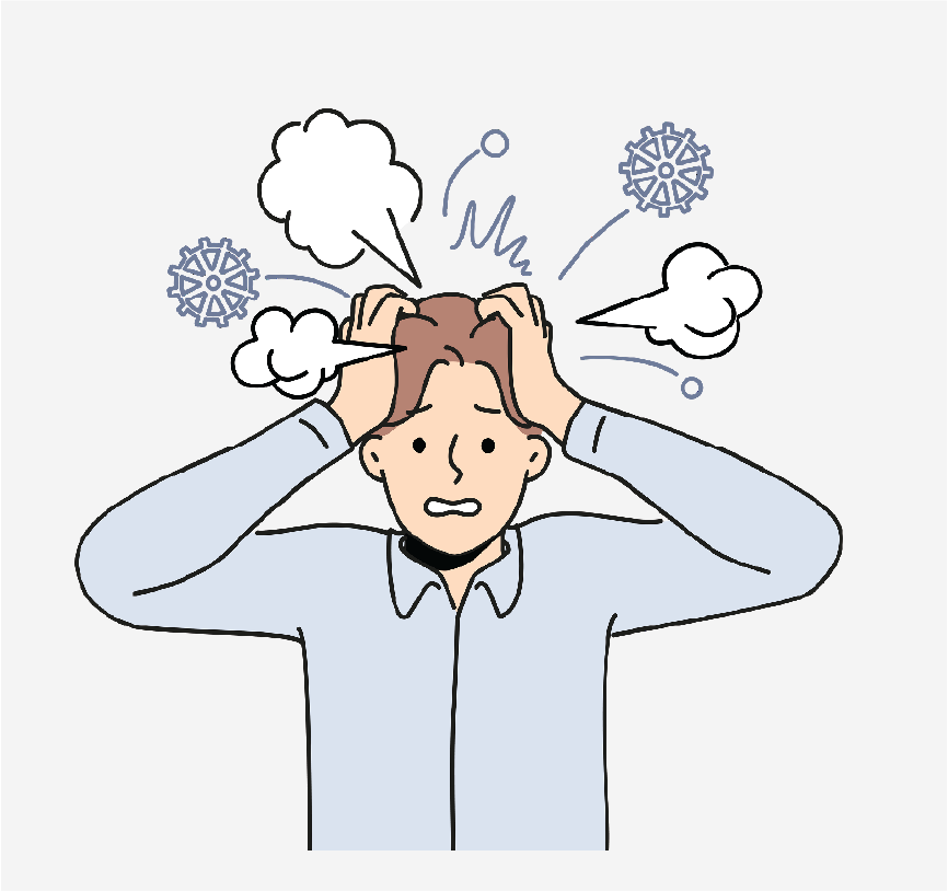 A man holding his head. There is steam and gears coming out of it.