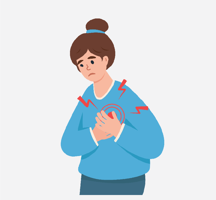A woman holding her chest. There are circles and lightning bolts around her heart to show that it hurts or is beating fast.