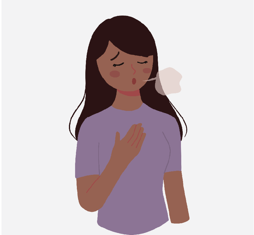 A woman holding her chest and taking a deep breath.