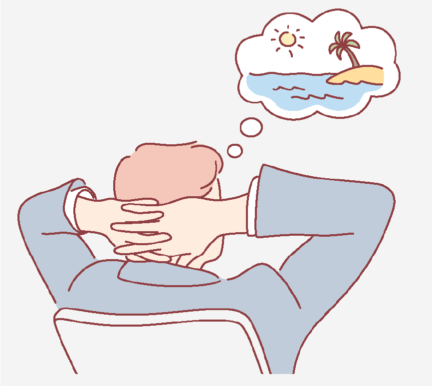 The back of a person's head with their hands on it while imagining the beach.