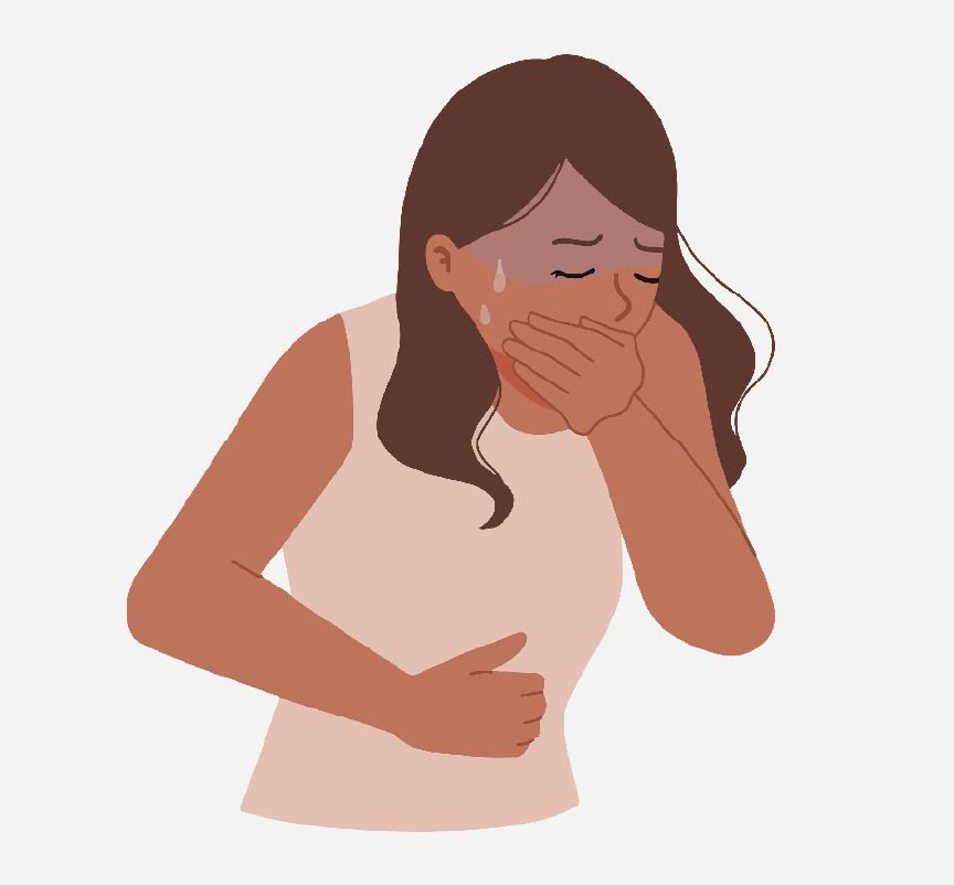 A sick woman covering her mouth and holding her stomach.