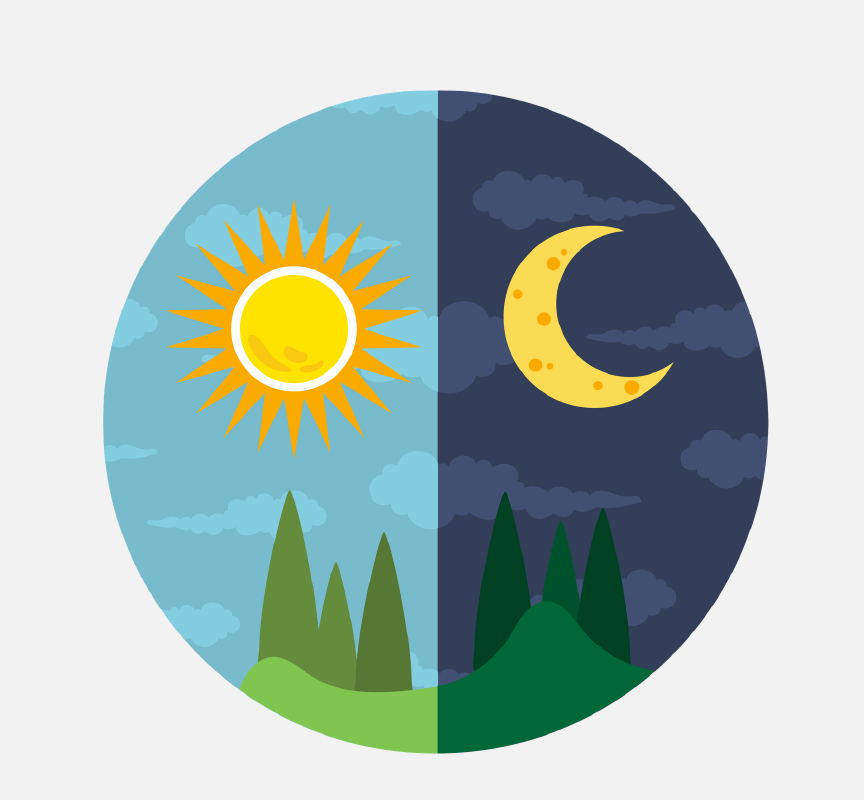 A circle with the sun during daytime on the left side and the moon during nighttime on the right side.