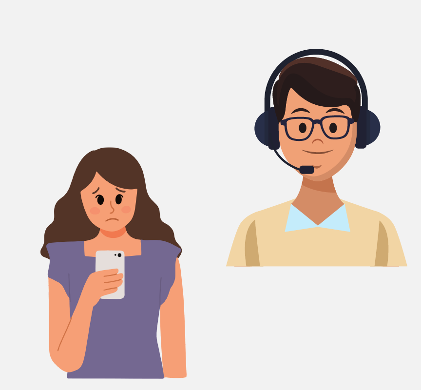 A sad woman looking at her phone and another woman wearing a headset.