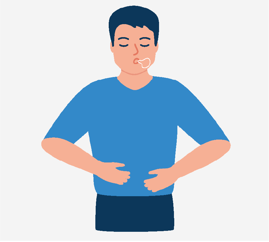 A man holding his stomach and taking a deep breath.