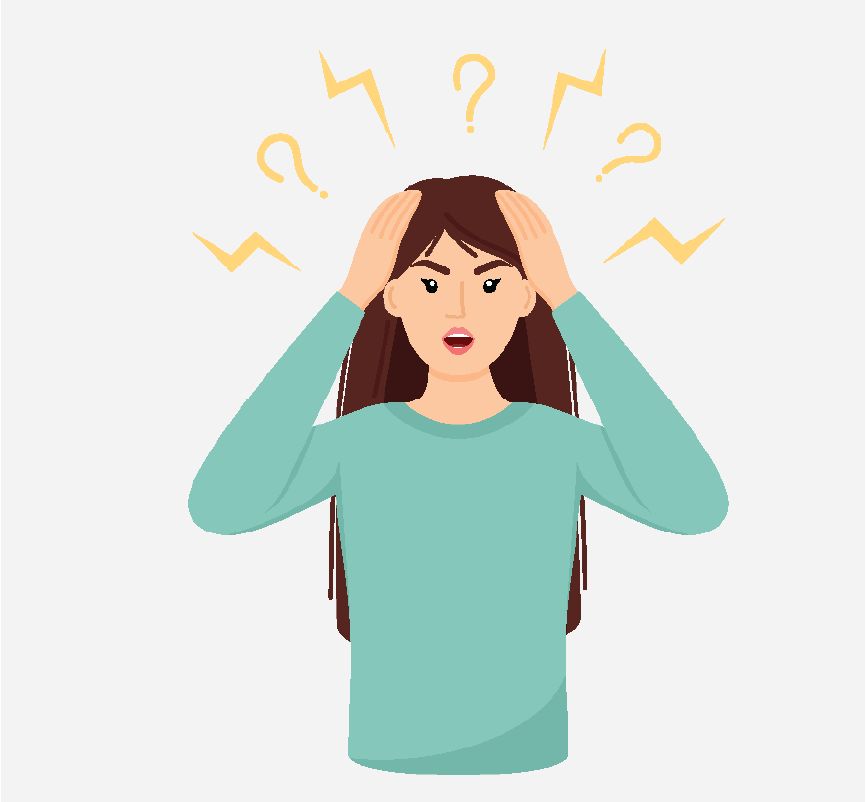 An angry woman holding her head. There are question marks and lightning bolts around her.
