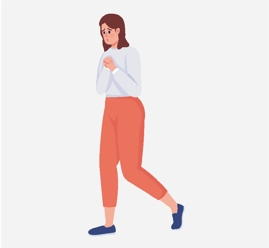 A sad woman pacing around.