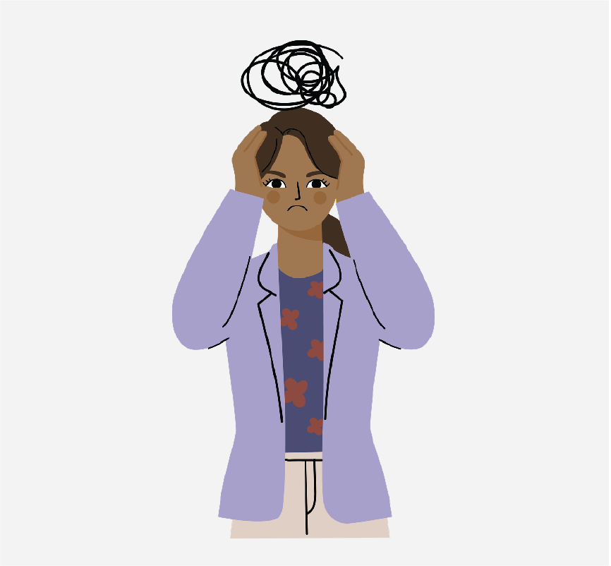 A woman holding her head. There are squiggled lines above her.