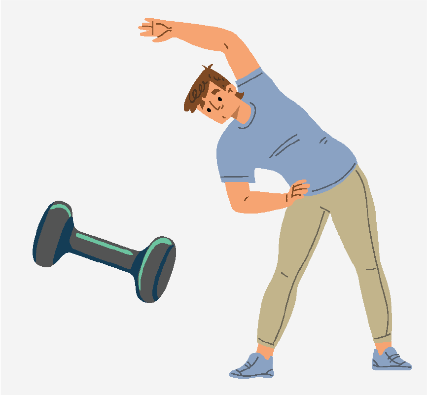 A hand weight and a man stretching.
