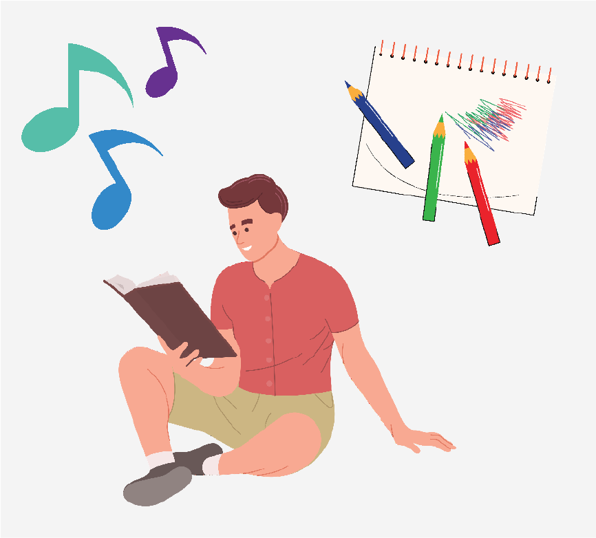 Music notes, coloring pencils and a sketchbook, and a man reading a book.
