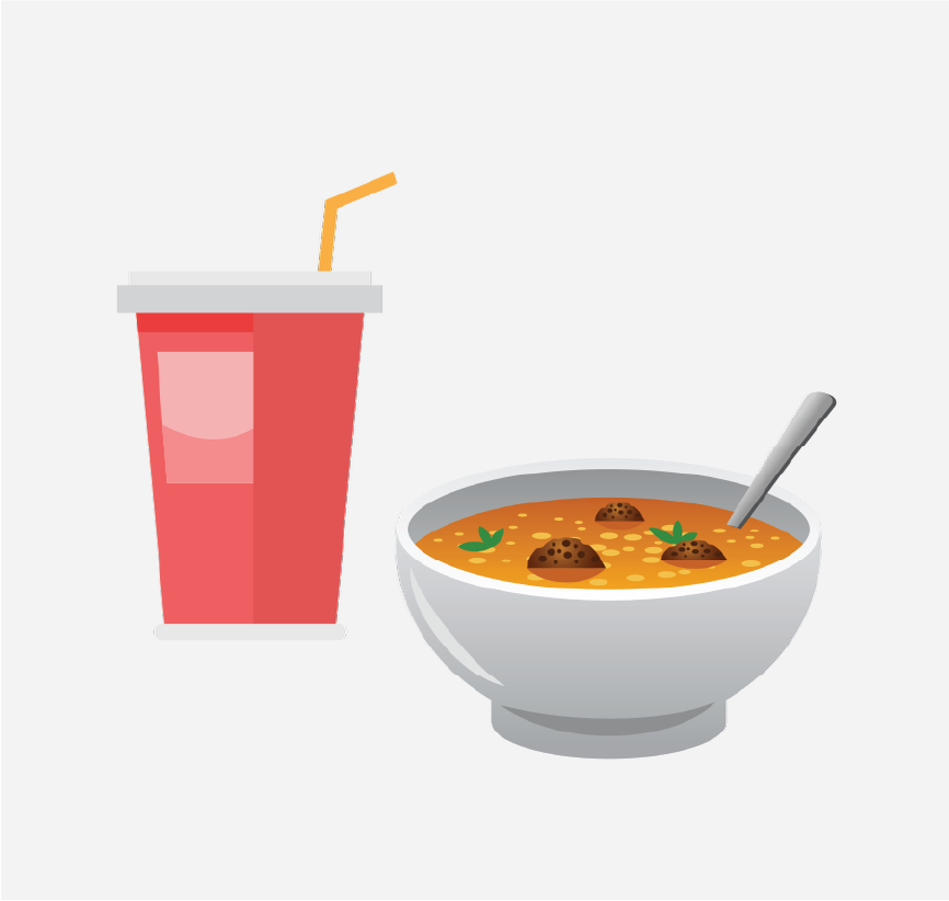 A red cup and a bowl of soup.