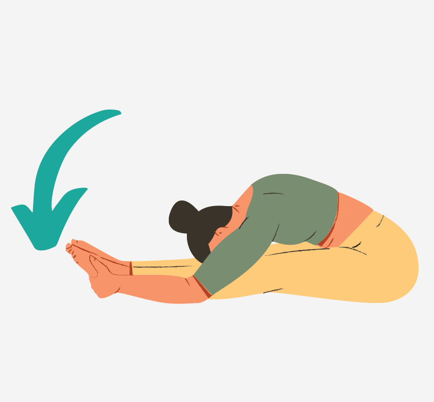 A woman bent forward to touch her toes.