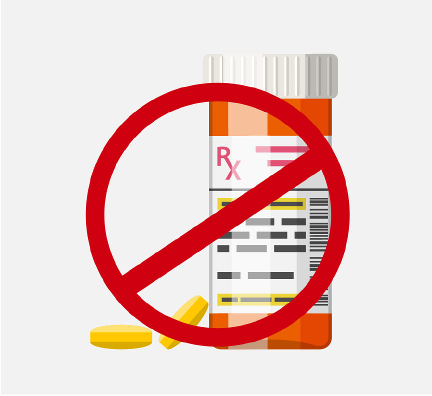 A circle with a red line through it over an orange medication bottle.