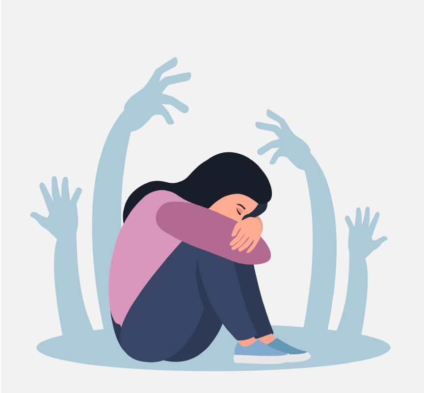 A sad-looking girl curled up in a ball.