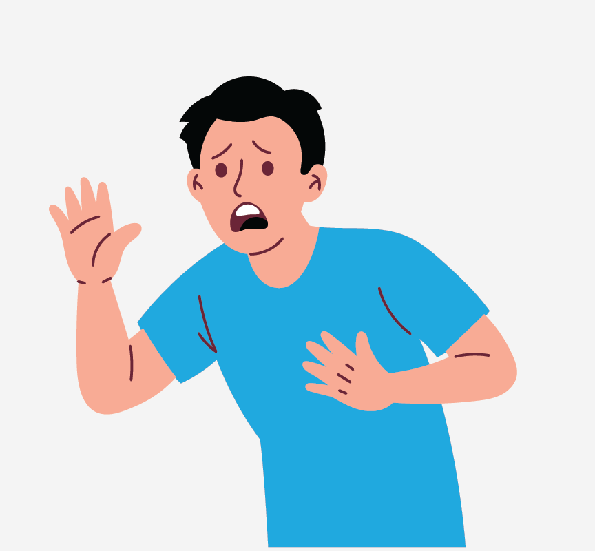 A scared boy with his hand on his chest.
