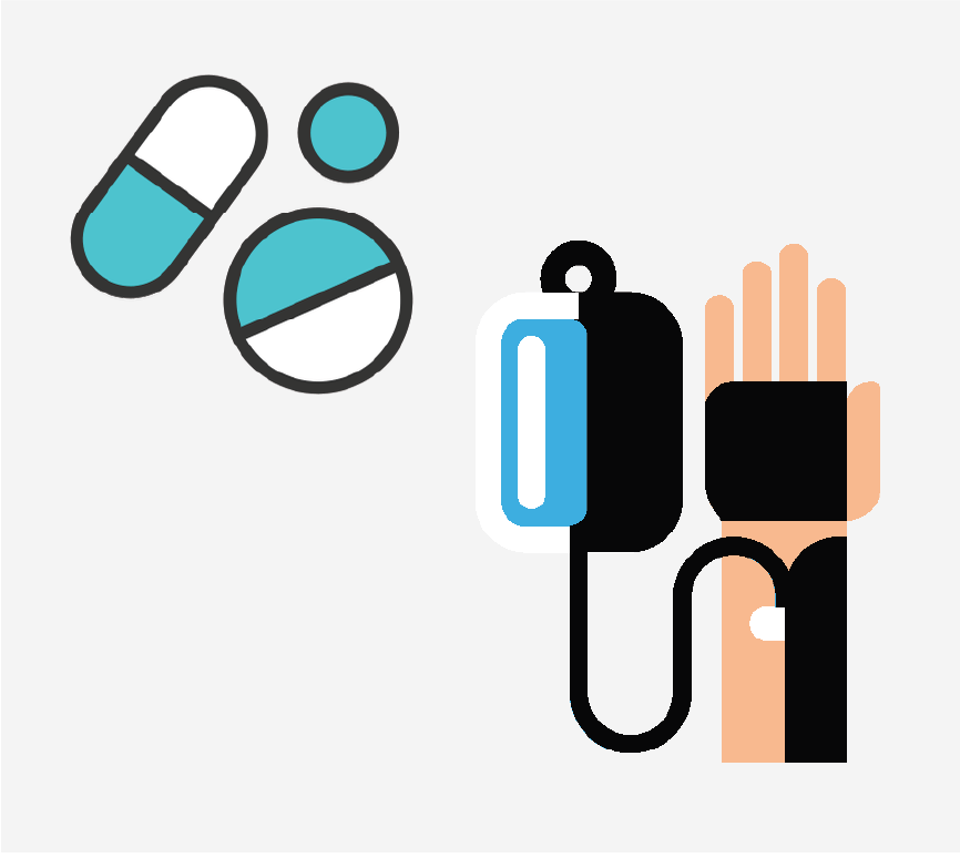 Three different pills next to a hand with an IV in it.