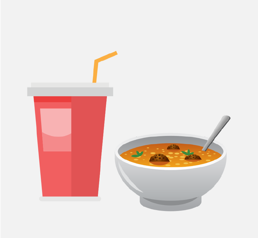 A red cup and a bowl of soup.