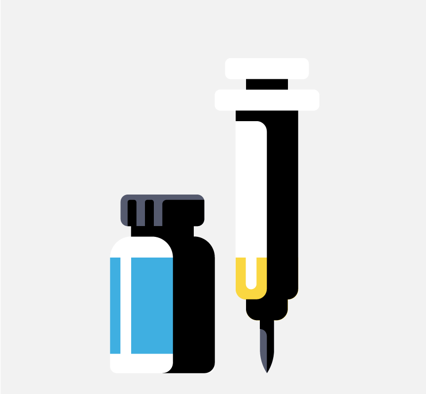 A medicine bottle and a syringe.