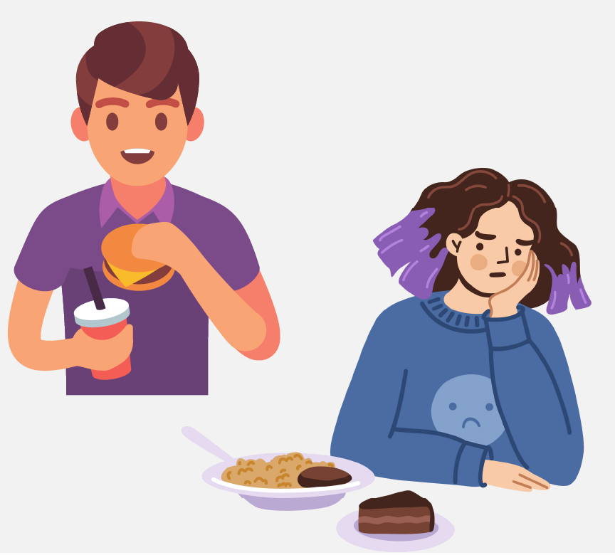 A boy is eating a burger, and a girl isn't eating her food.