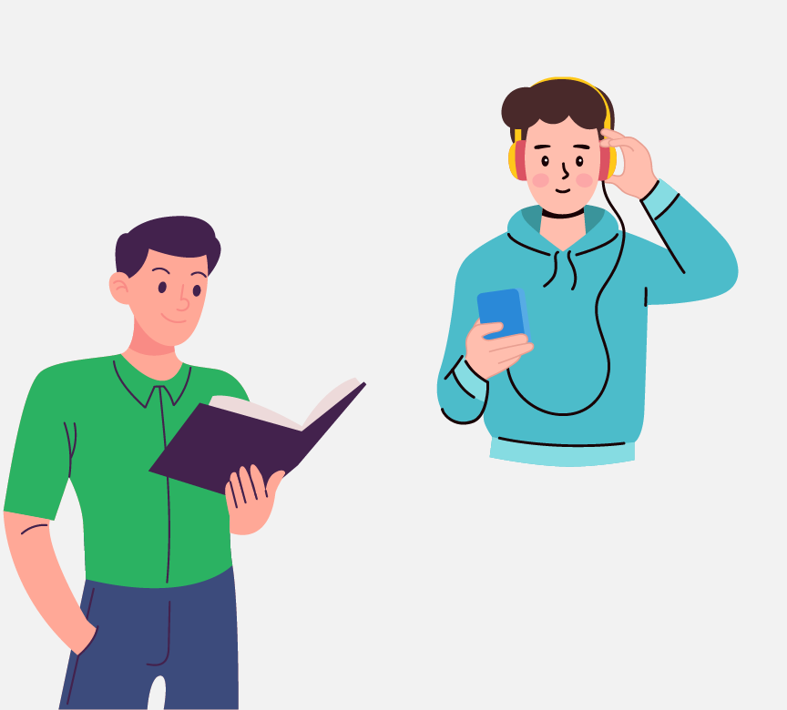 A boy is reading a book. Another boy is listening to music.
